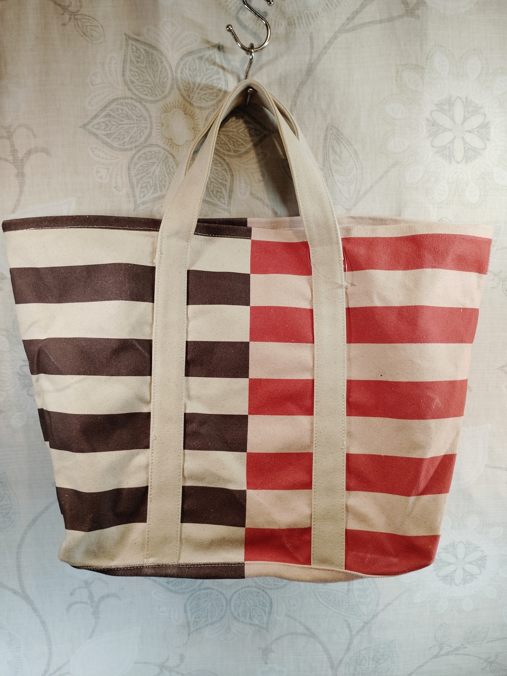 Anthropologie X-large Red, Brown & Cream Striped Canvas Tote